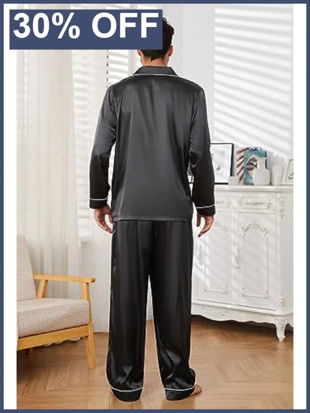 Men's Silk Satin Pajama Set Long Sleeve Button Down Sleepwear Two-Piece
